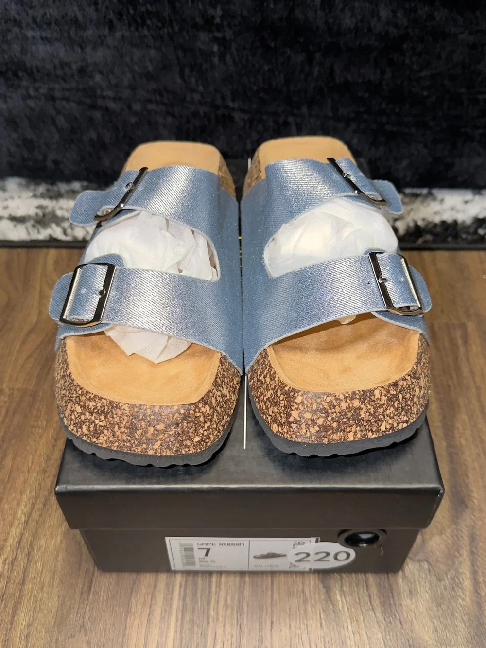 Sparkle Silver-Blue Double-Buckle Slide Sandals